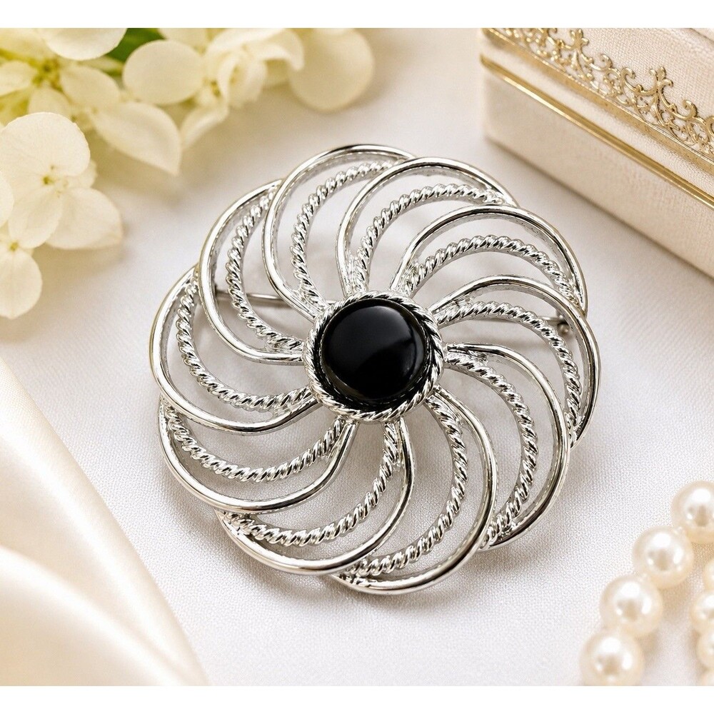 Vintage 1960 Sara Coventry Mystic Swirl Brooch Silver Tone Black Stone Pinwheel